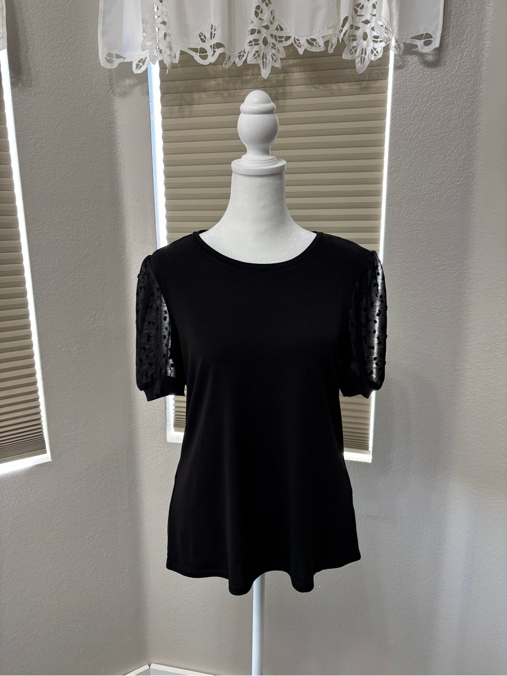 Carmen Women's Black Knit Top with Sheer Dotted Puff Sleeves